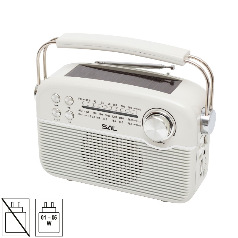 Termék kép a(z) SAL RPR9 napelemes rádió multimédia lejátszóval, FM-AM-SW rádió, Bluetooth, USB és microSD csatlakozás, beépített akkumulátor termékhez